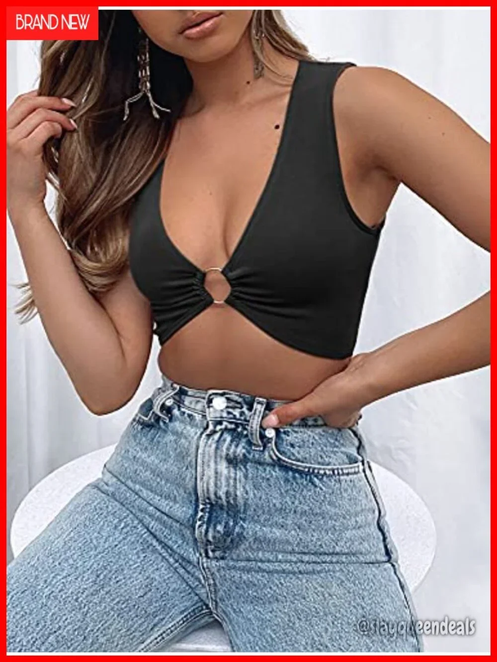 Sleeveless Deep V Neck Crop Top with Silver Ring - Y2K Clubwear